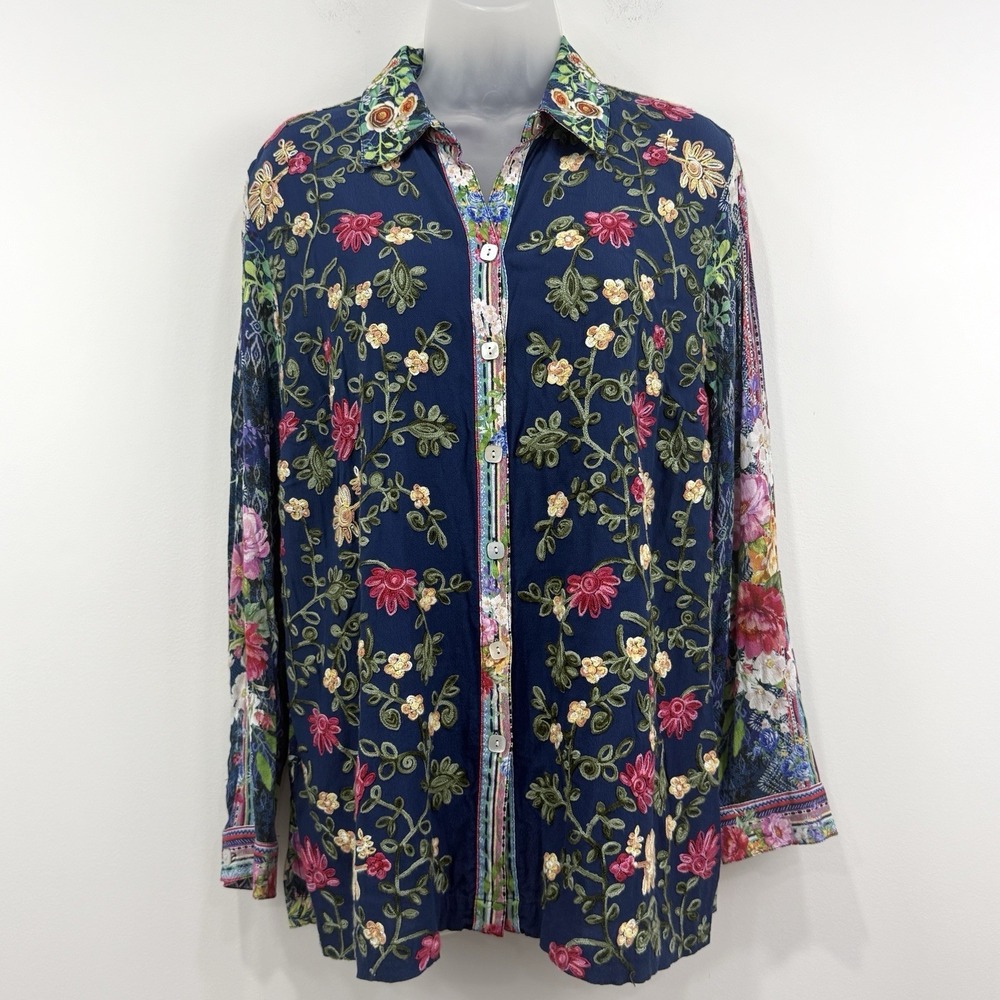 John Mark Floral Button Up Shirt M Roll Tab M Whimsical Boho Hippie Embroidery